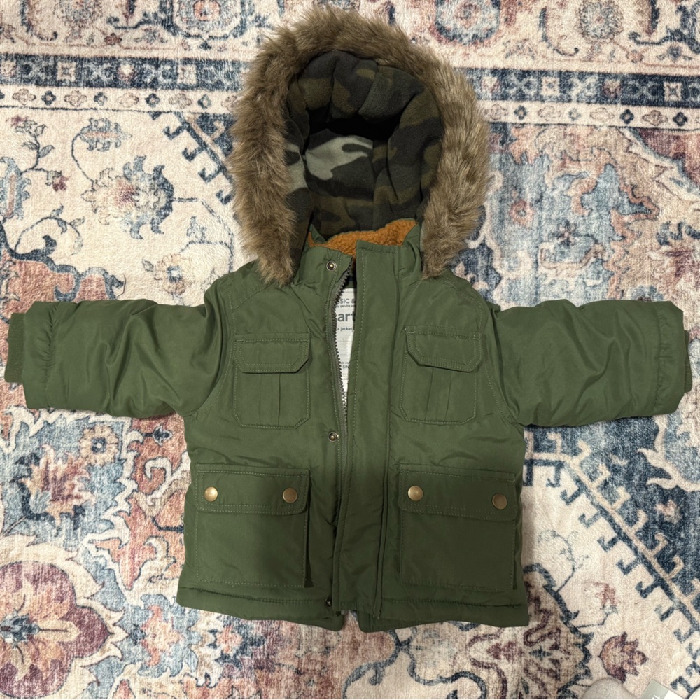 Carter's Olive Puffer Jacket with Faux Fur Trim